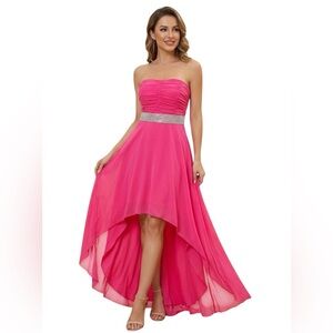 Betsy Adam Hot Pink Strapless Rhinestone Waist Hi Low Chiffon Dress Size 12